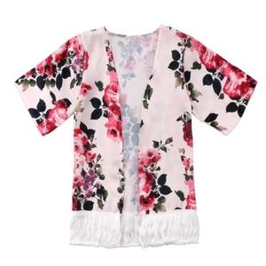 Silky soft pink floral kimono with fringe